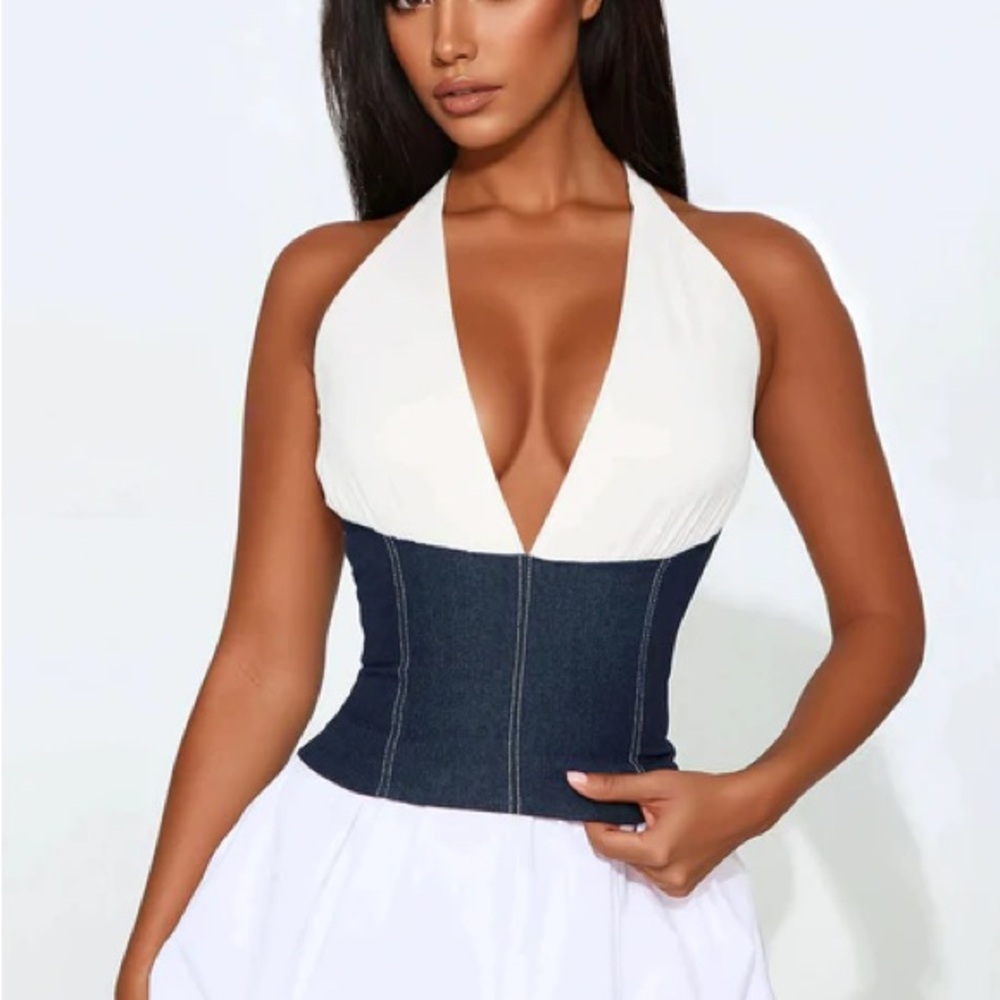 Cream & Denim Halter top